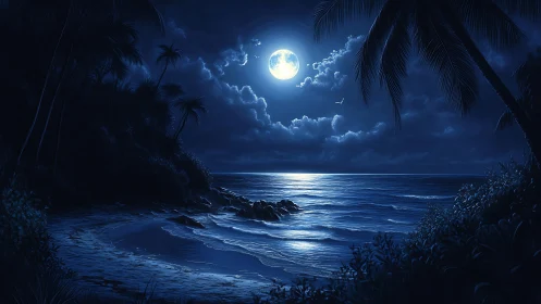 Moonlit Tropical Beach Cove with Luminescent Celestial Reflection