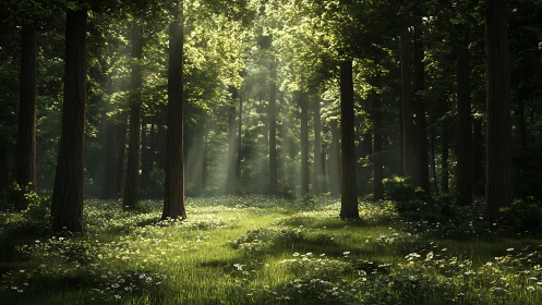 Dense deciduous forest canopy with sunbeam penetration and verdant understory vegetation