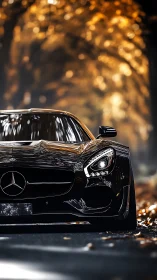 Black Mercedes sports car on autumn forest road.