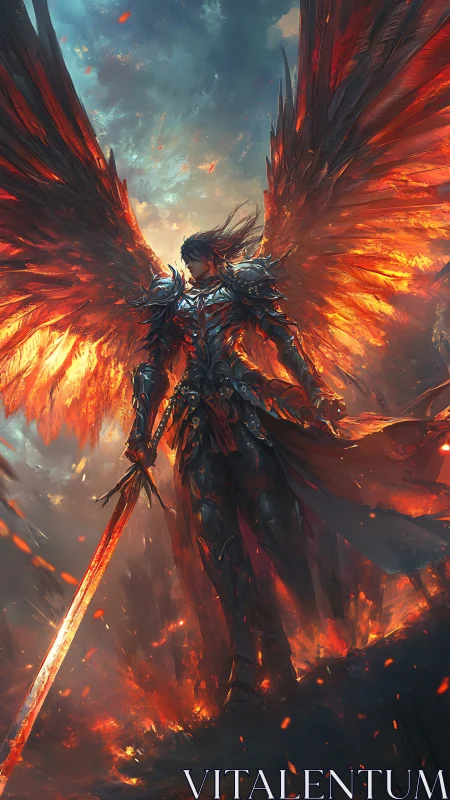 Flaming winged warrior stands amid storm and embers of war.