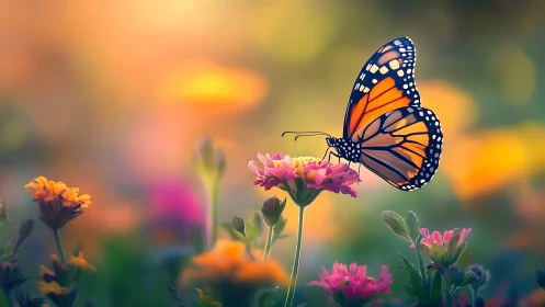 Monarch butterfly rests on vivid garden blooms at dusk.