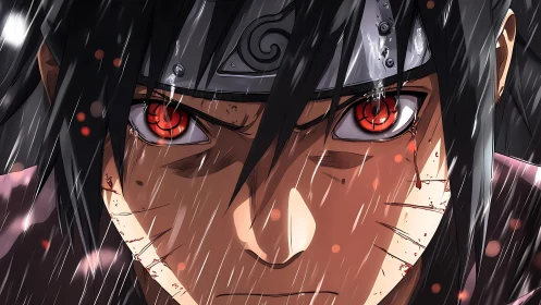 Intense anime warrior close up under heavy rainstorm.