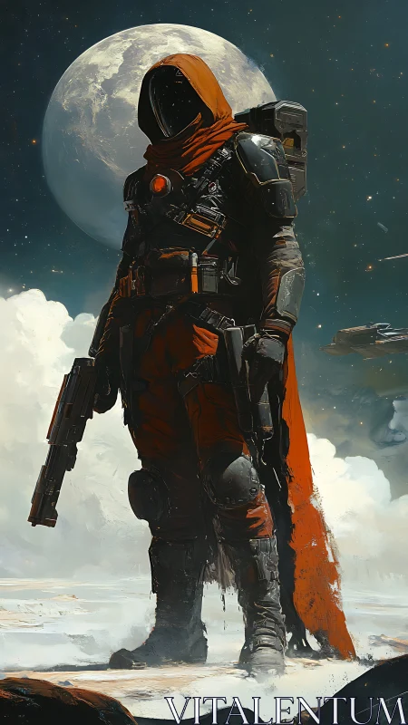 Hooded sci fi ranger armed on icy alien landscape.