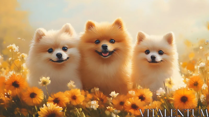 Three Adorable Pomeranians Enjoying Golden Flower Field Bliss