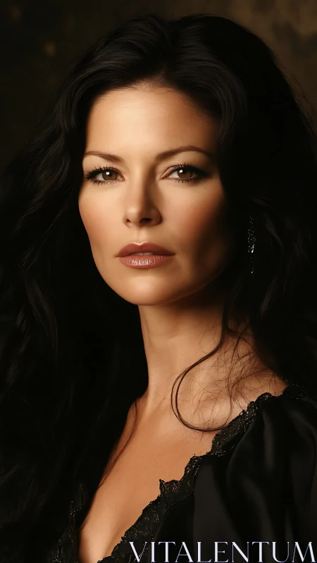 Elegant dark haired woman posed in warm studio portrait