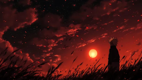 Lone anime figure watching blood-red sunset skyscape.
