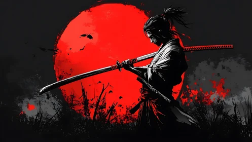 Samurai figure stands before large red circular backdrop