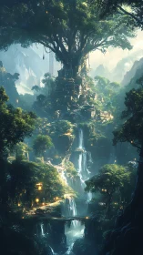 Mystical treetop city glows softly above cascading waterfalls