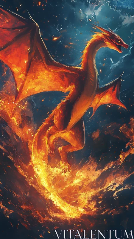 Sky-scorching fire dragon carving sparks through nightfall.