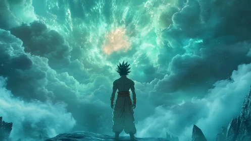 Anime warrior overlooking cosmic storm skyscape.