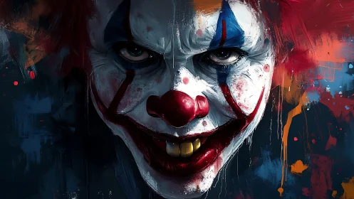 Sinister close-up portrait of a grimacing clown face.