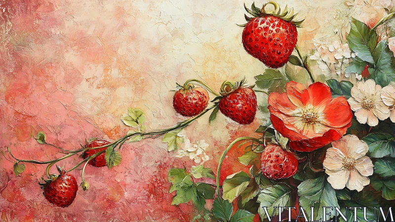 Strawberries with flowers on textured pastel oil canvas.
