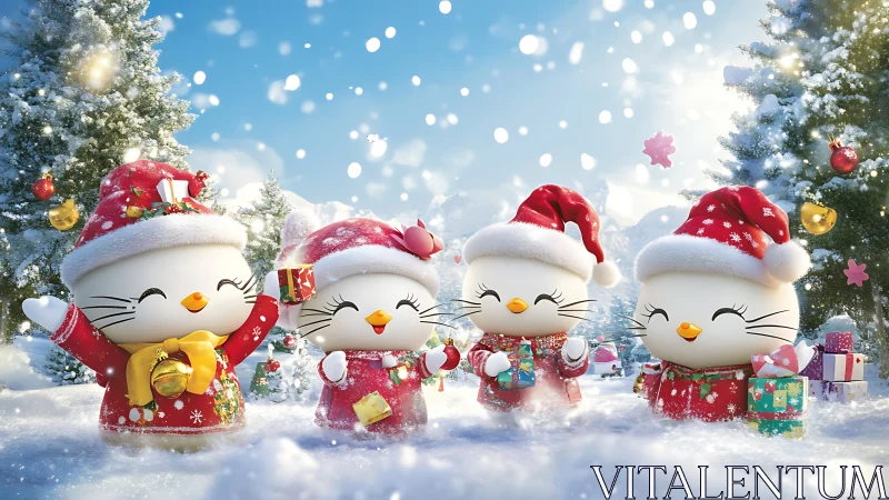 Festive kitten characters celebrate in luminous winter snow.