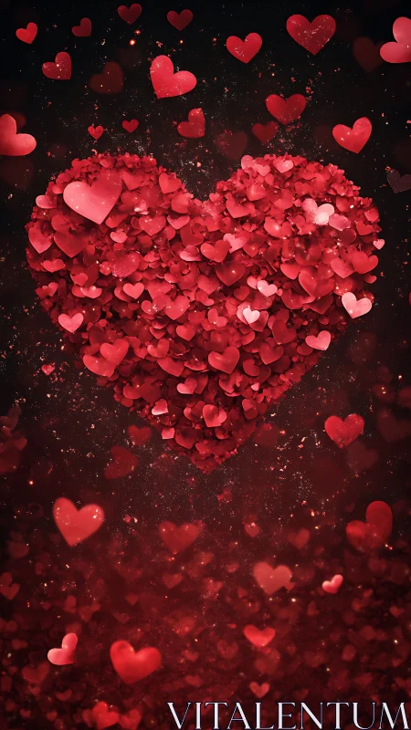 Heart-shaped arrangement composed from multiple red heart elements against dark background.