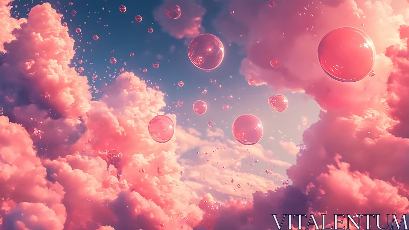 Iridescent pink orbs drift through volumetric cotton clouds