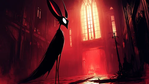 Shadowed wraith stands in blood-red cathedral light.