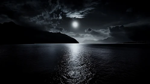 Monochrome nocturnal seascape with silhouetted coastal mountains.