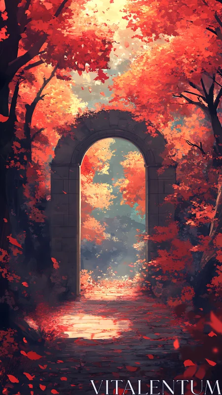 Autumn stone archway under luminous canopy in digital painting.
