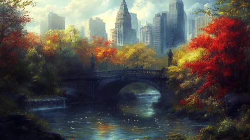 Autumn-drenched city bridge cradles quiet water between towers