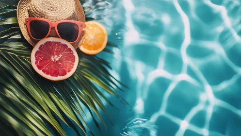 Summer poolside still life with citrus, straw hat and palm fronds