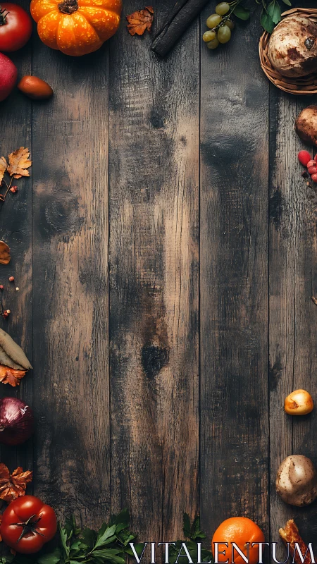 Autumn vegetables arranged around rustic wooden background.