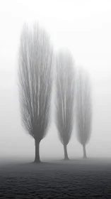 Three poplar silhouettes rise through dense winter fog.