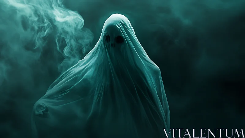 Silken ghost drifts through teal fog, quietly haunting void