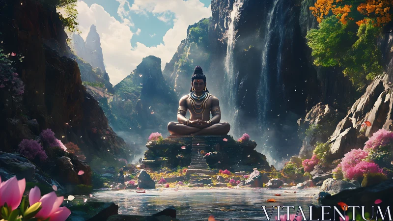 Serene deity statue in lush waterfall mountain valley.