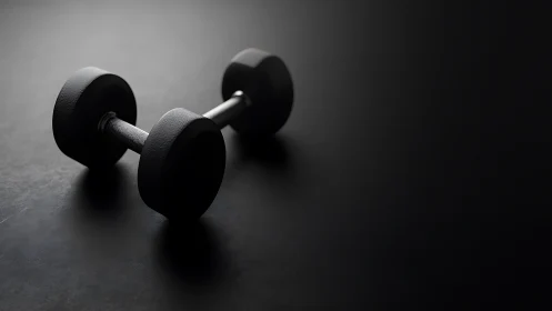 Solitary steel dumbbell brooding on a dark gym stage.