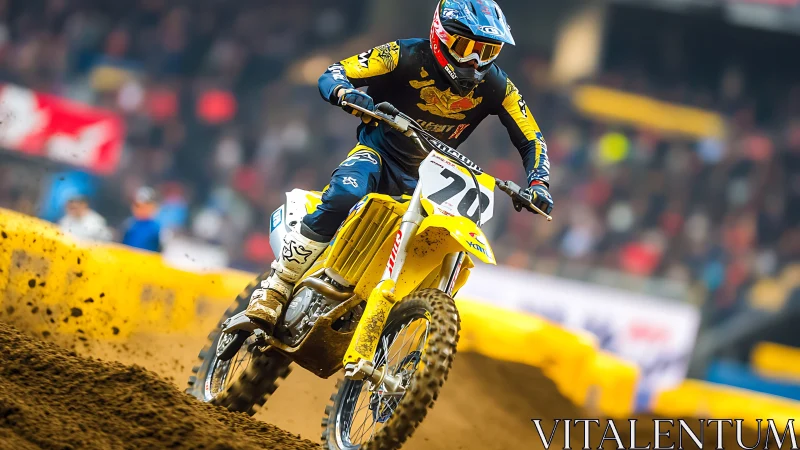 Roaring dirt bike rider carves a fast line through the track