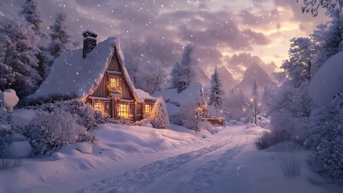Snowlit cottage dreams along a lantern-lit winter path.
