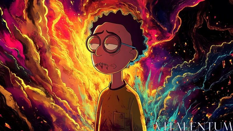 Cartoon figure before multicolored abstract energy field.