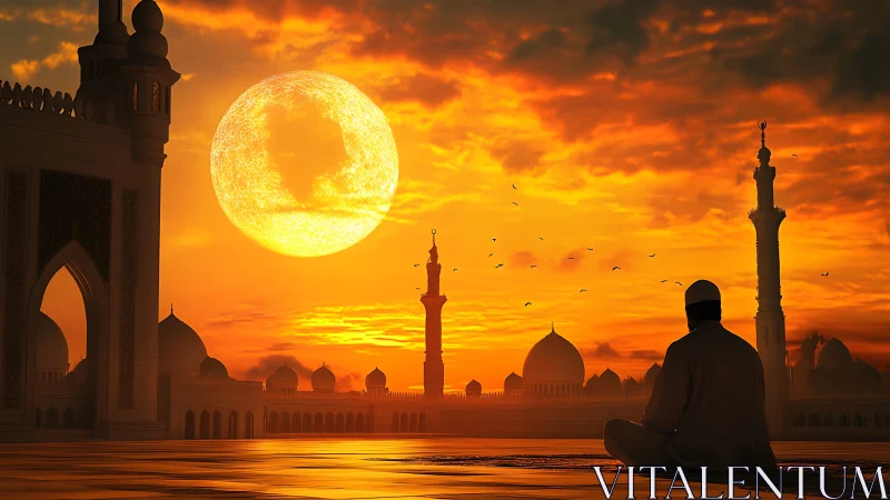 Radiant mosque skyline with worshipper at blazing sunset.