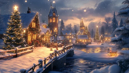 Snow covered village riverfront with seasonal lighting at dusk.