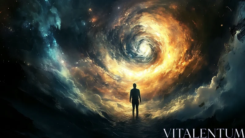Solitary figure confronts a swirling cosmic vortex of light