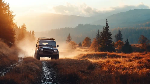Dusty trail rover rolls through molten sunrise valley glow