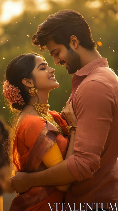 Warm Golden Hour Portrait of Ethnic Couple in Festive Attire.