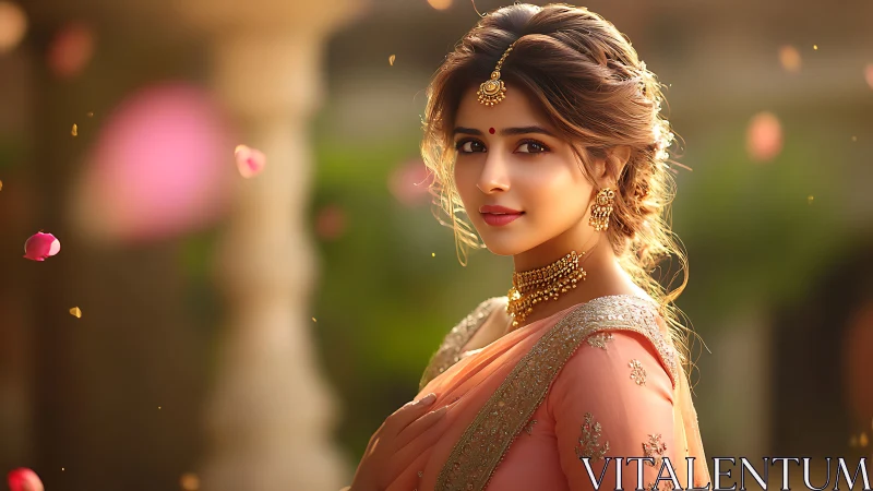 Woman in traditional attire with jewelry in outdoor setting.