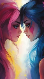 Dual-colored women lock intense mirrored gaze in profile