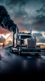 Chrome semi truck powers through stormy dusk on wet highway