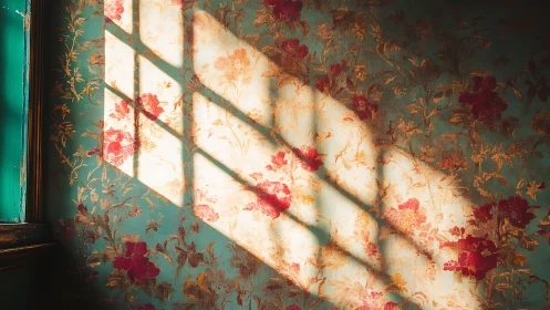 Window light casting grids over vintage floral wallpaper.