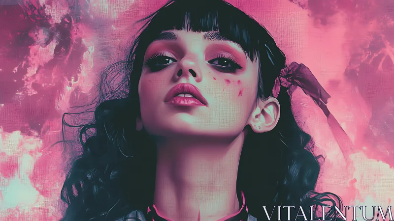 Digital portrait depicts upward-facing woman against pink field