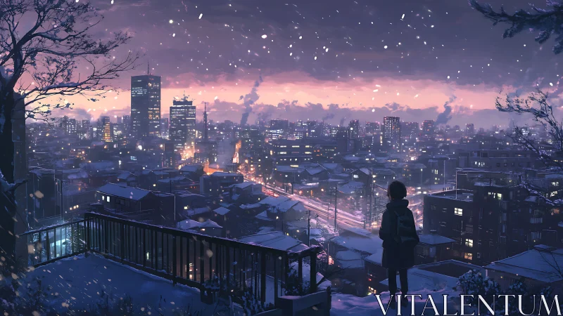 Twilight snowfall over illuminated winter city panorama viewed.