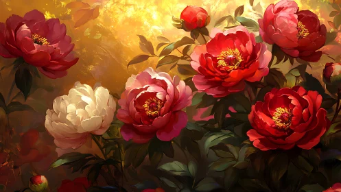 Peonies Blooming in Golden Light.