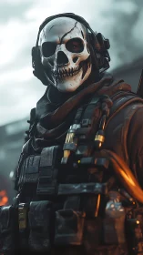 Grim comms operator strides through ember-laced warfog.