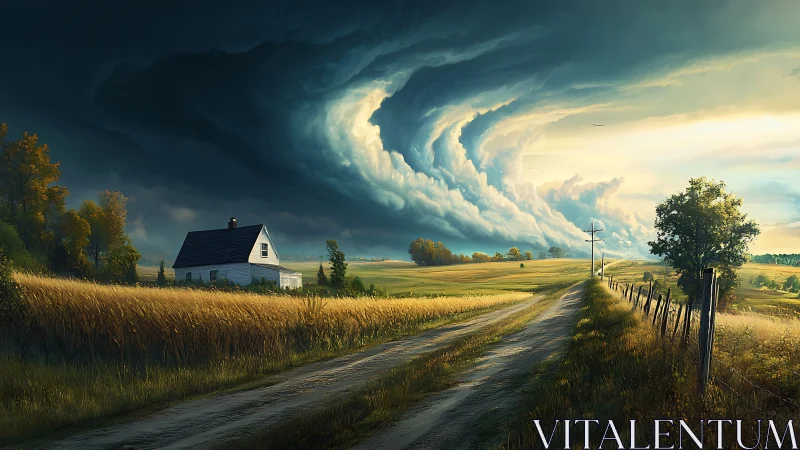 Storm-swirled country road under a brooding celestial funnel.