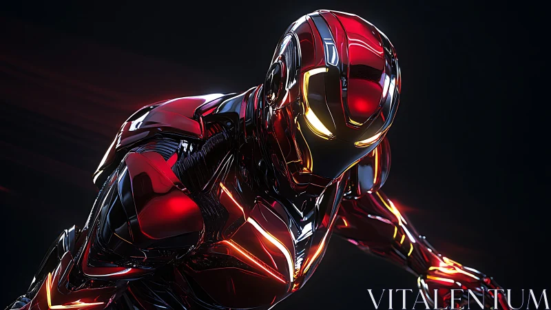 Metallic red humanoid combat suit is rendered in dynamic pose