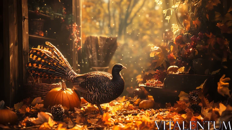 Autumn pheasant amid pumpkins in golden backlit forest.