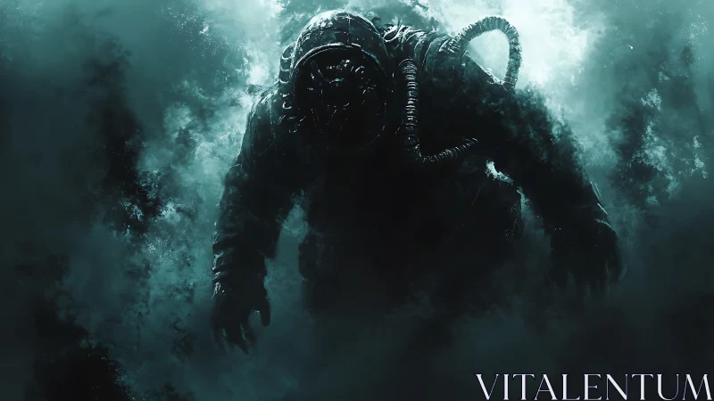 Deep-sea diver emerges through abyssal teal mist. Period.