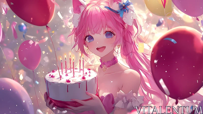 Festive Portrait: Anime Character with Birthday Cake and Balloons.